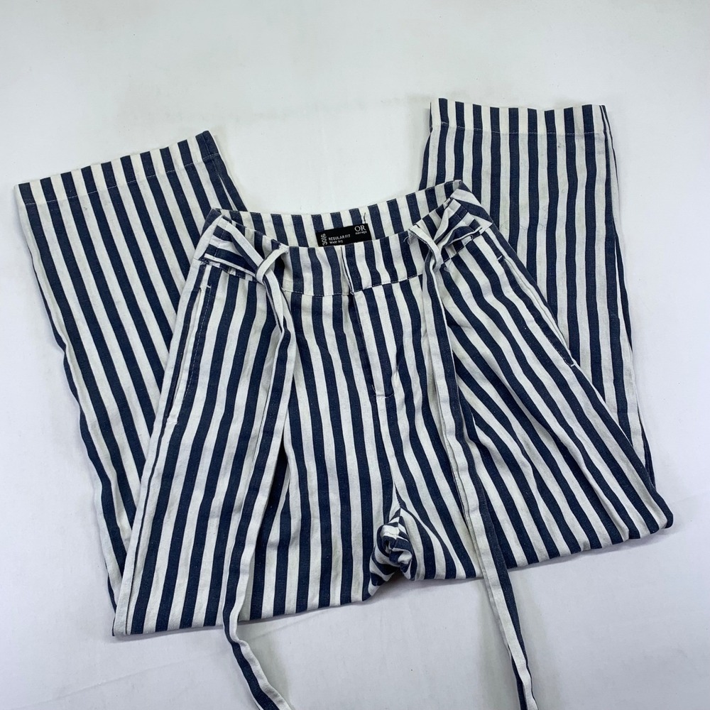 Oakridge Women's Wide Leg Striped Pants Size 30/6 Linen Regular Fit Blue White